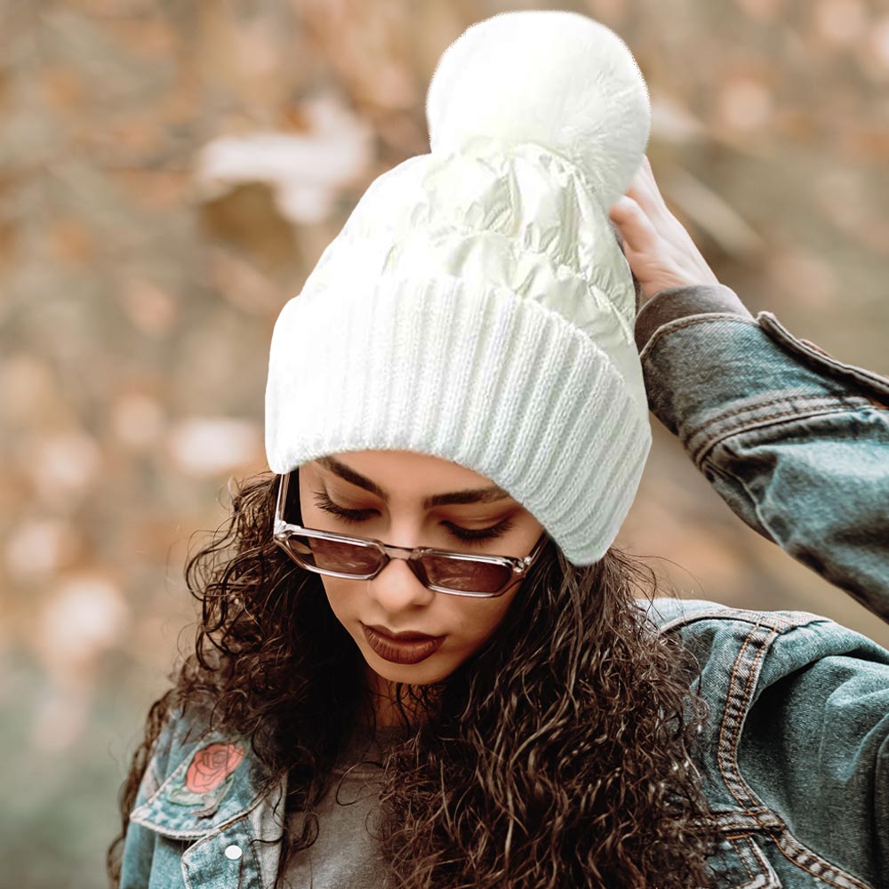 Fleece-Lined Puffer Knit Pom Beanie, photo 10