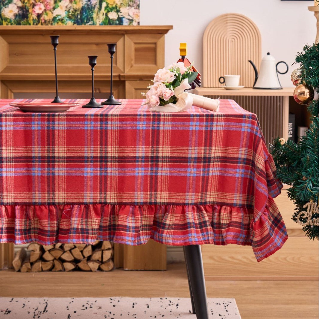 Classic red plaid Christmas tablecloth with ruffled edge