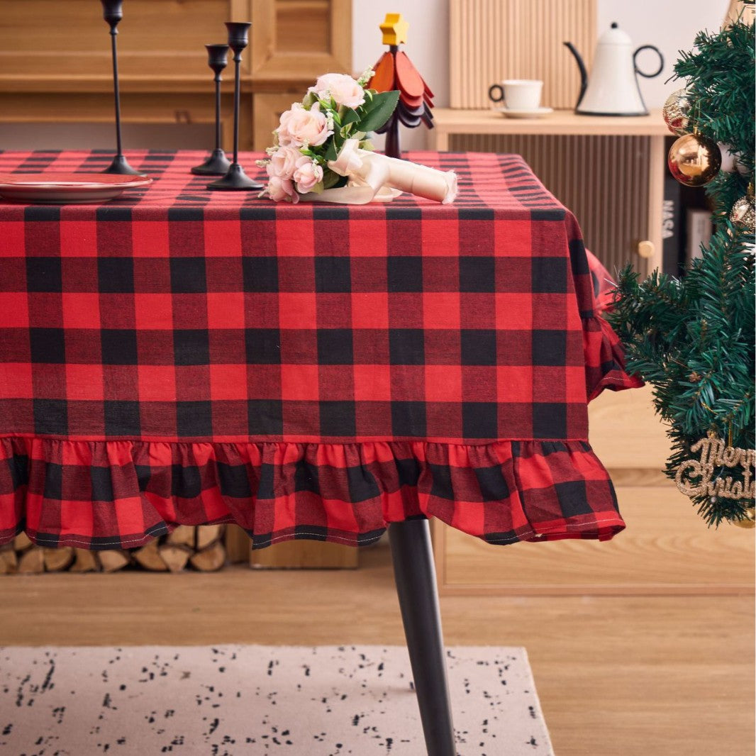 Red and black check ruffle tablecloth