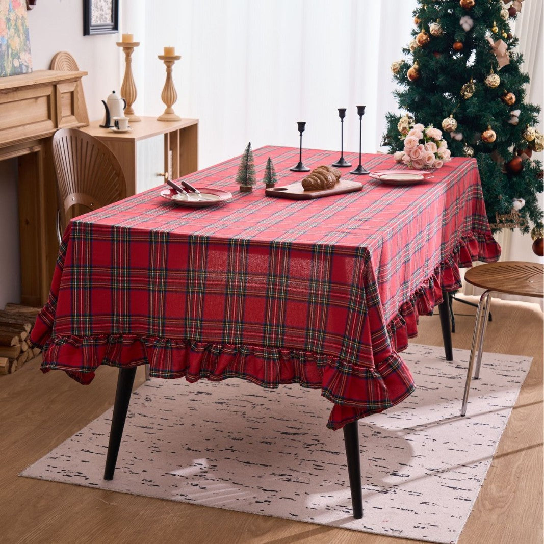 Plaid ruffle-trim tablecloth detail