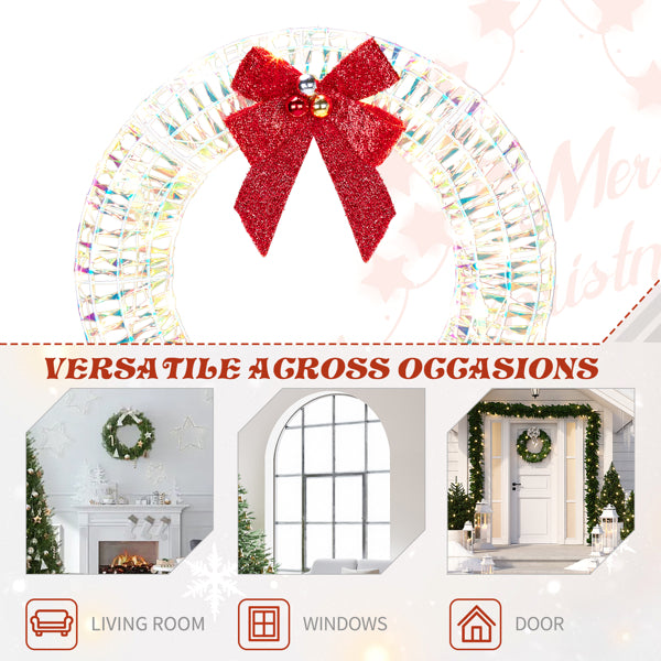 24" Pre-Lit Iridescent Wreath with Red Bow, photo 2