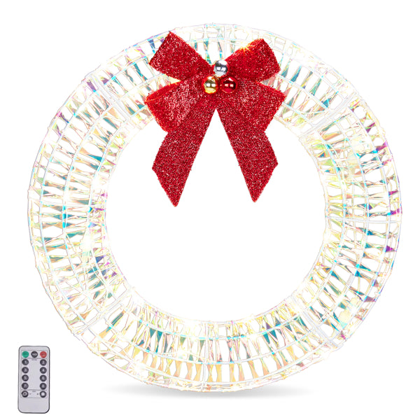 24-inch pre-lit iridescent wreath with red bow