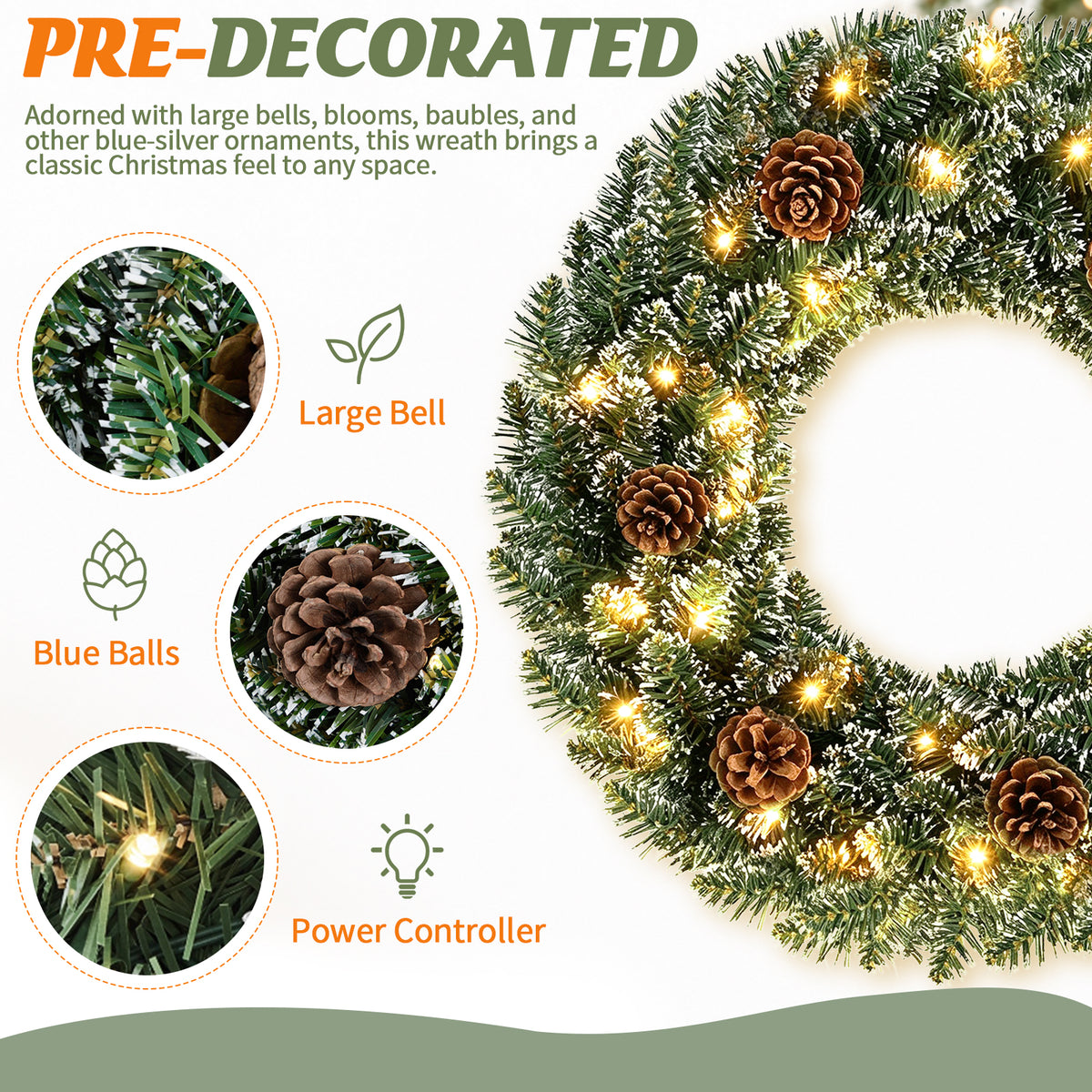 Snow-Tipped Pinecone Wreath (24-inch, Lighted), photo 4