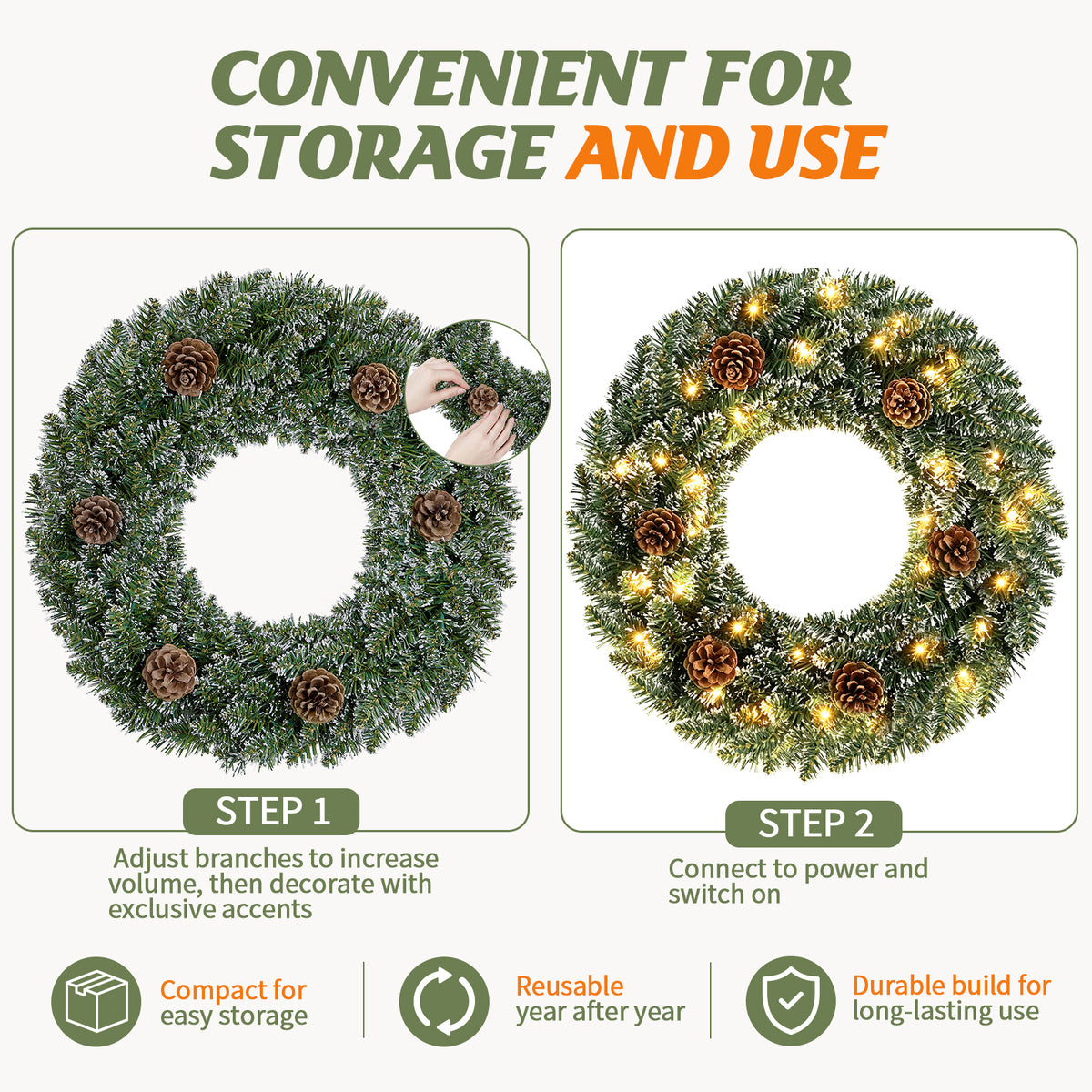 Snow-Tipped Pinecone Wreath (24-inch, Lighted), photo 6