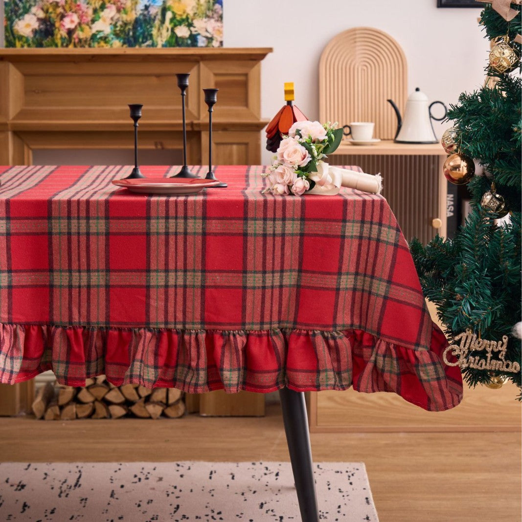 Woolen red plaid ruffle tablecloth for Thanksgiving and Christmas