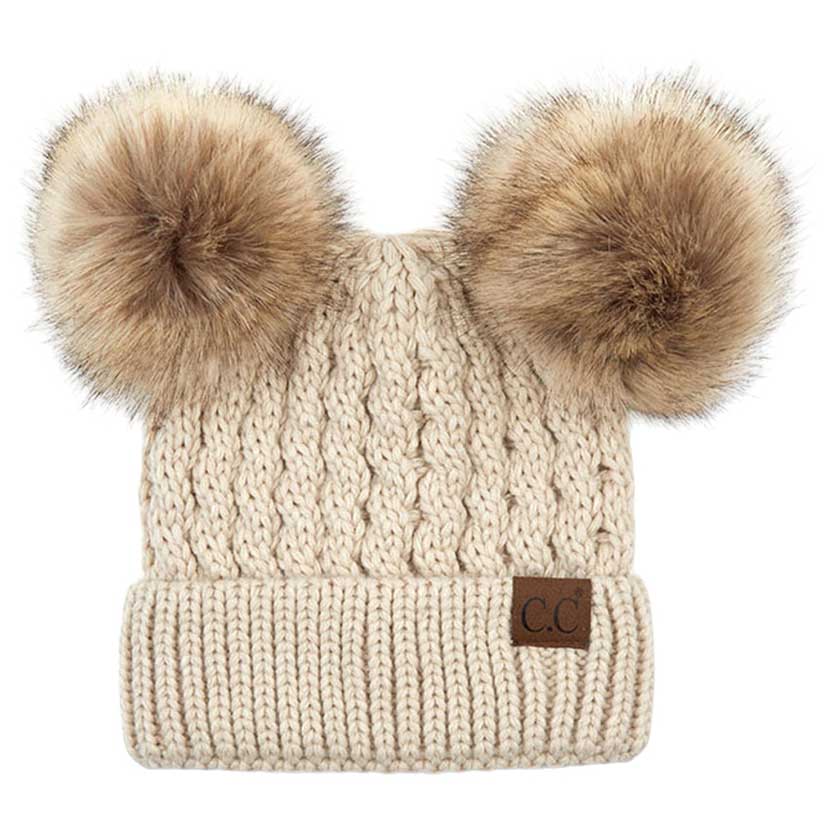 Double pom cable knit beanie