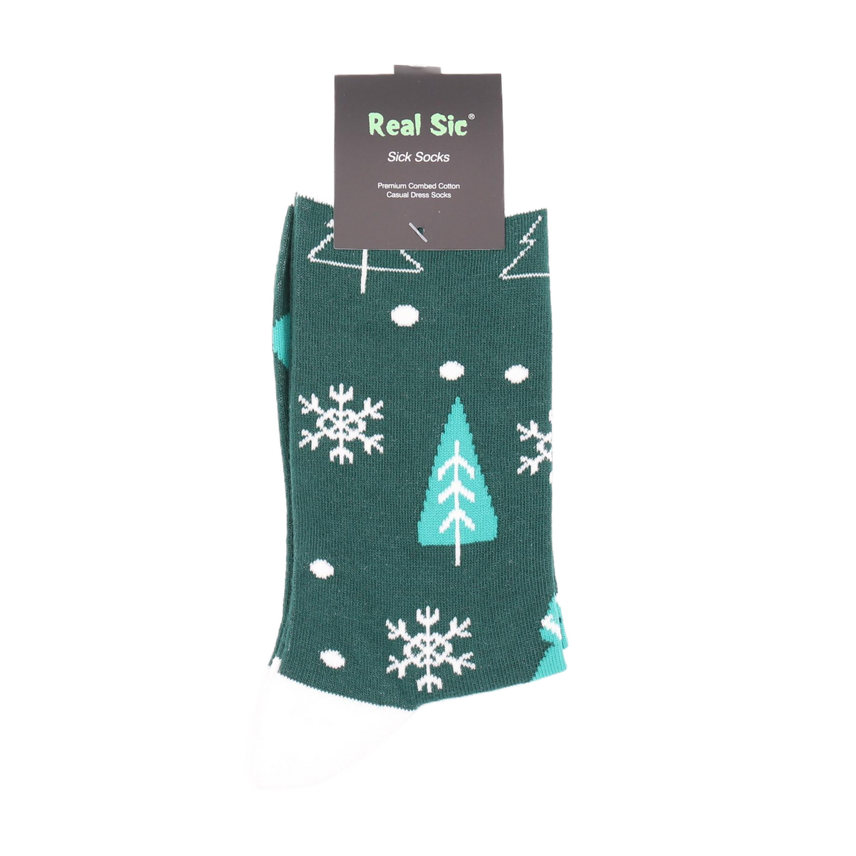 The Christmas Tree Socks in packaging, green with trees and snowflakes