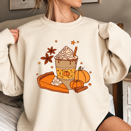Woman wearing The Pumpkin Spice Latte Crewneck: cream sweatshirt with a latte, pie and pumpkins