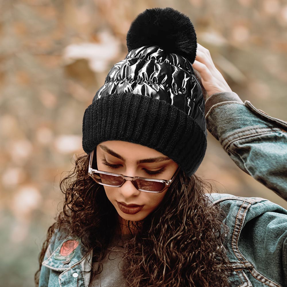 Fleece-lined puffer knit pom beanie