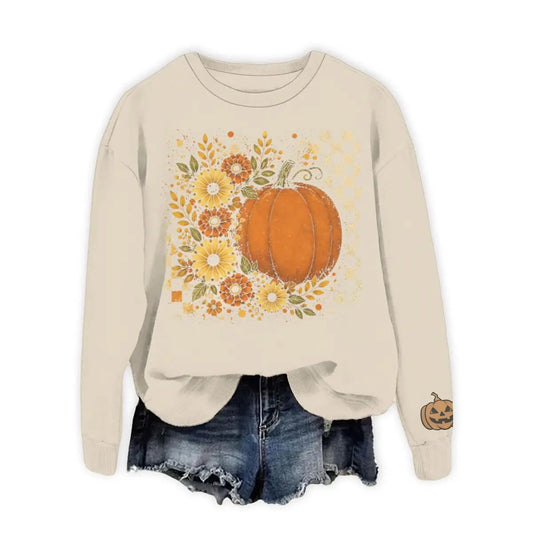 The Pumpkin Patch Crewneck in Cream: retro pumpkin and sunflower sweatshirt