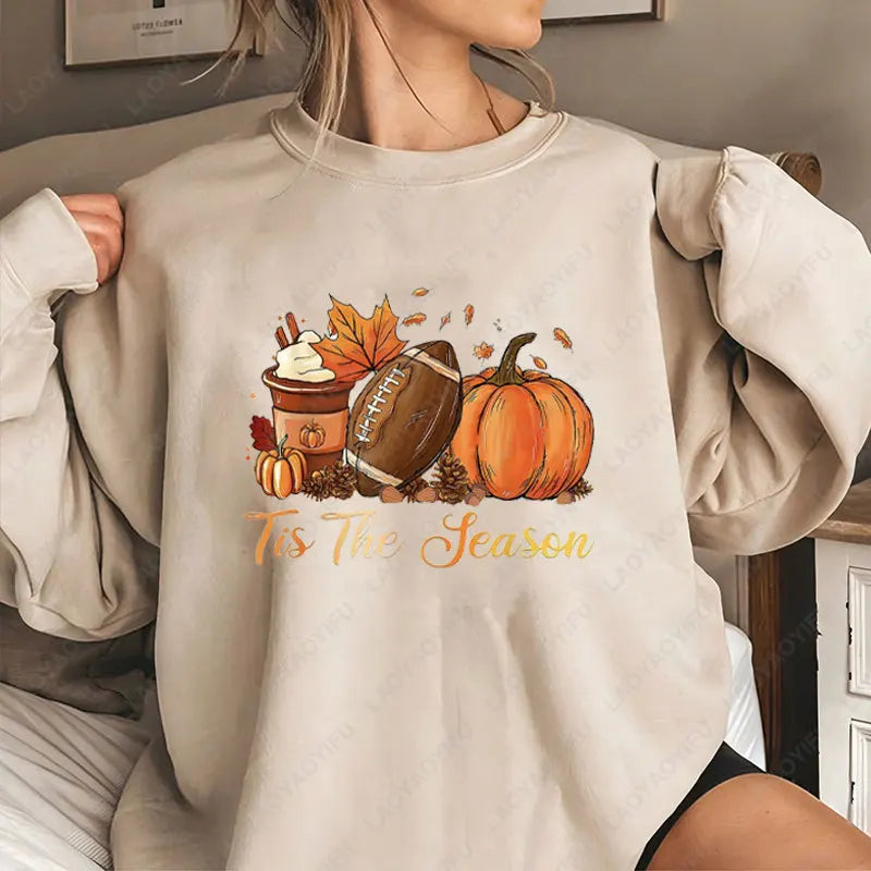 The Fall Favorites Crewneck in 'Tis the Season Football: cream sweatshirt with latte, football and leaves