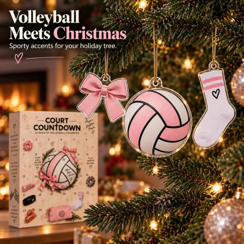 Volleyball Christmas countdown calendar with volleyball, bow and sock ornaments on a tree