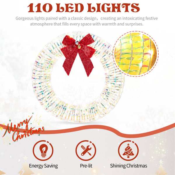 24" Pre-Lit Iridescent Wreath with Red Bow, photo 8
