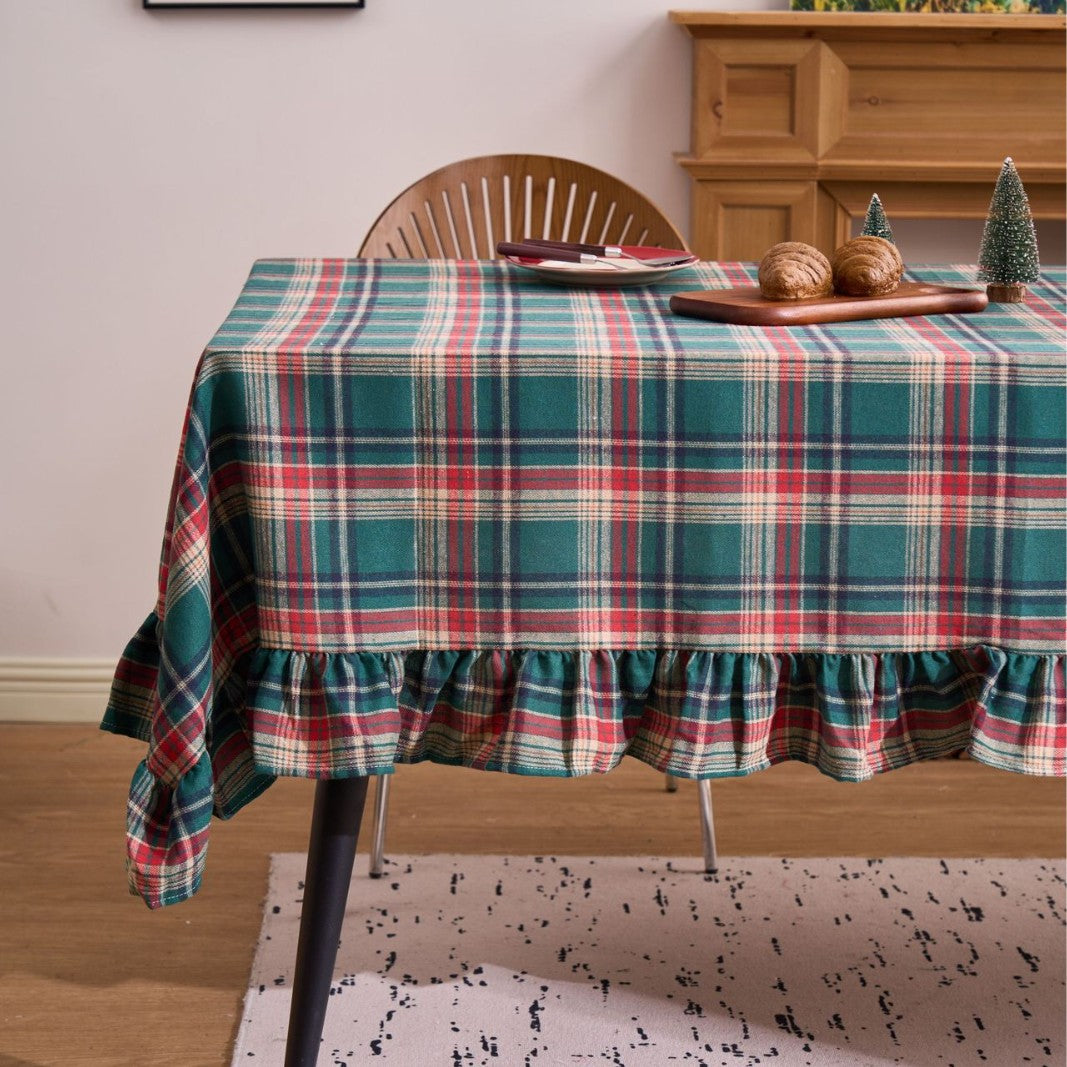 Evergreen plaid ruffle tablecloth
