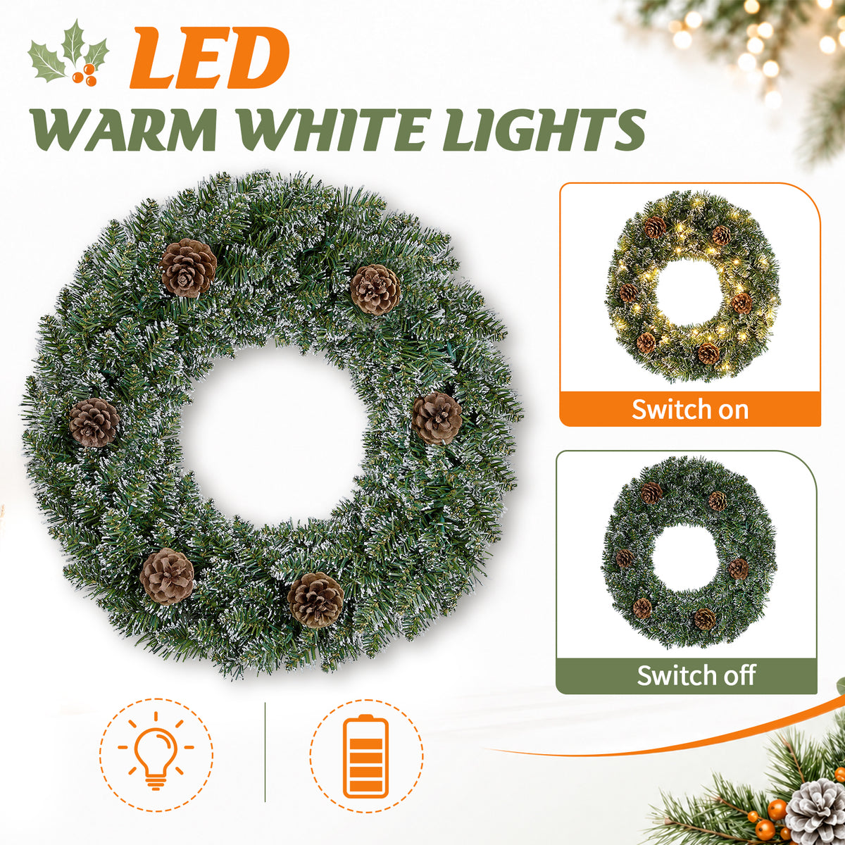 Snow-Tipped Pinecone Wreath (24-inch, Lighted), photo 3