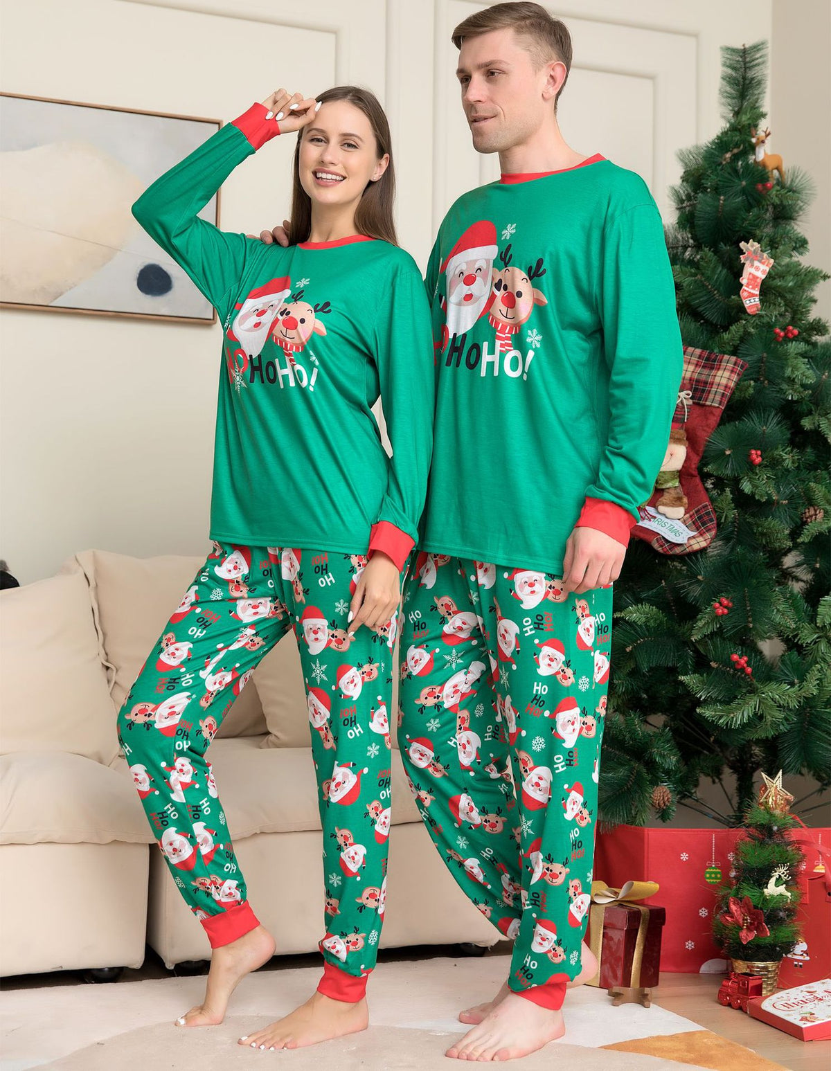 Green Santa matching pajamas, family photo