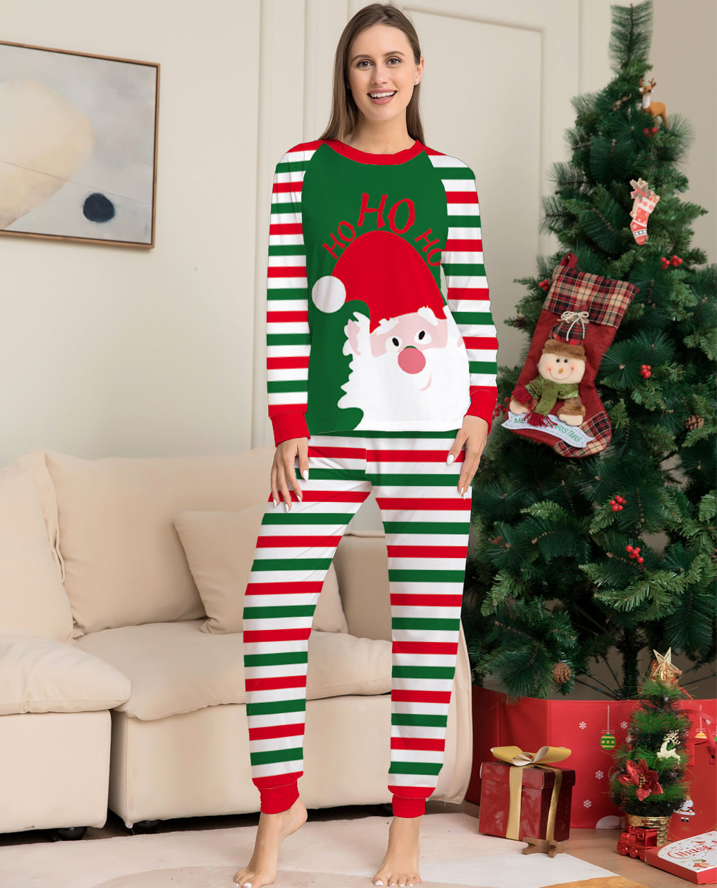Red Stripe Santa matching pajamas worn at home