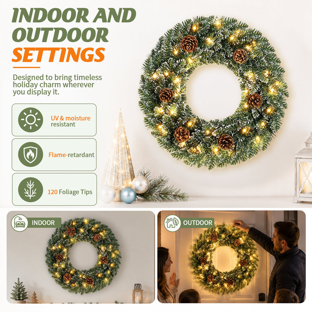 Snow-Tipped Pinecone Wreath (24-inch, Lighted), photo 9